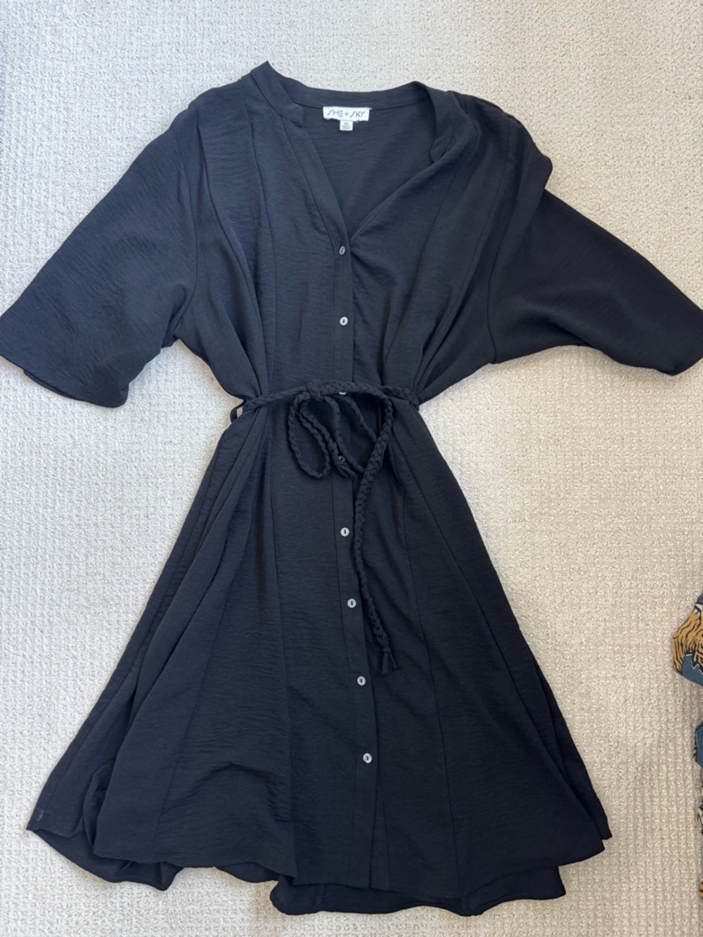 She + Sky Black Button-Front Midi Dress with Tie Waist